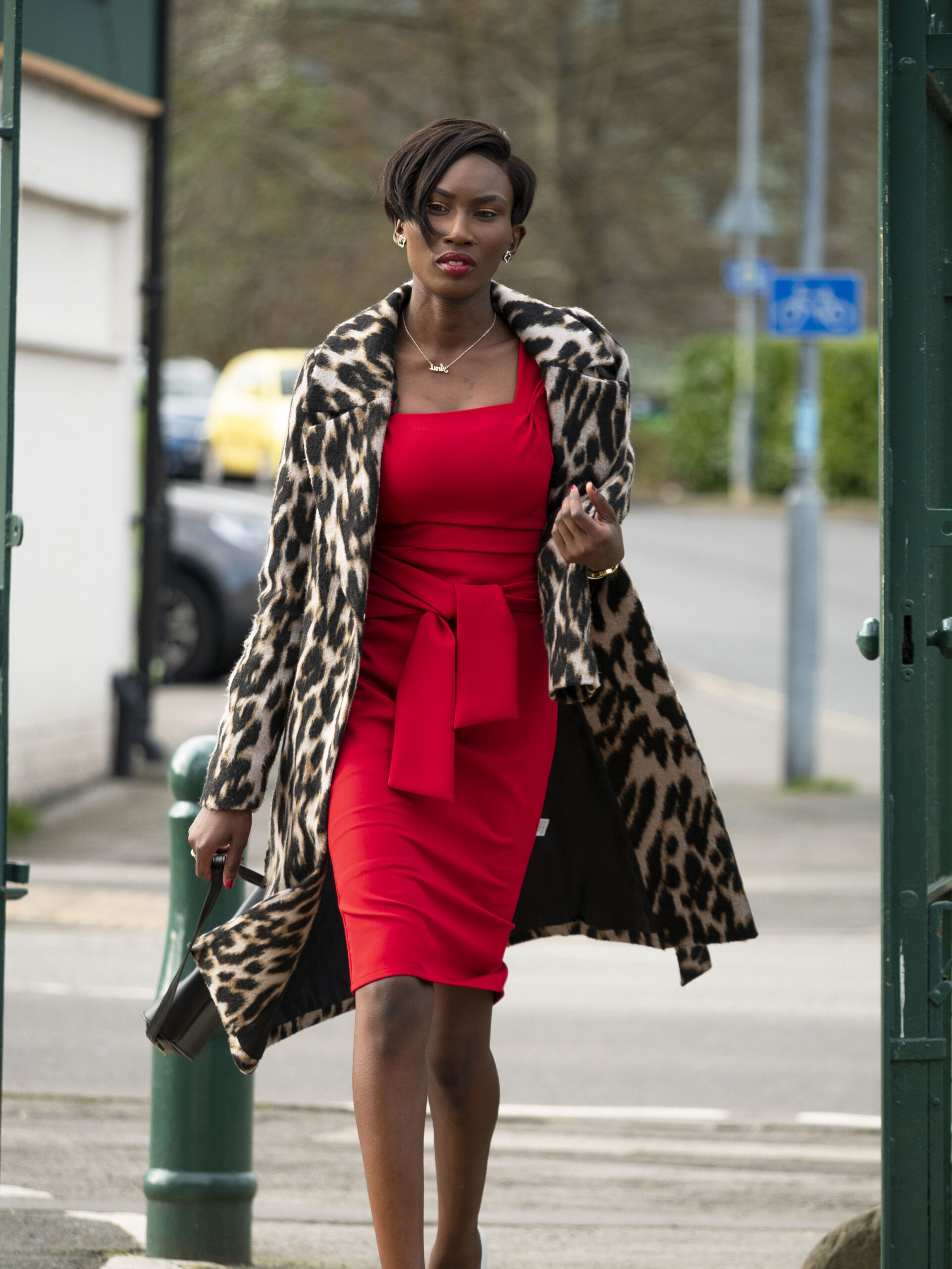Red dress & Leopard coat