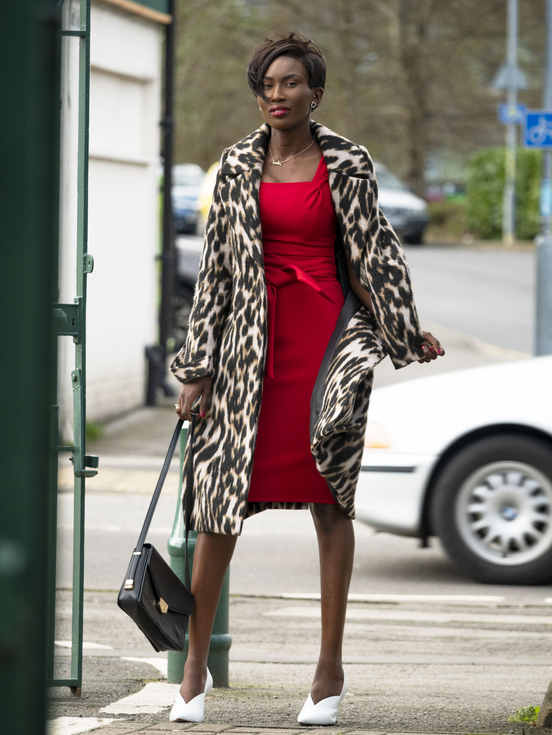 Red dress & Leopard coat