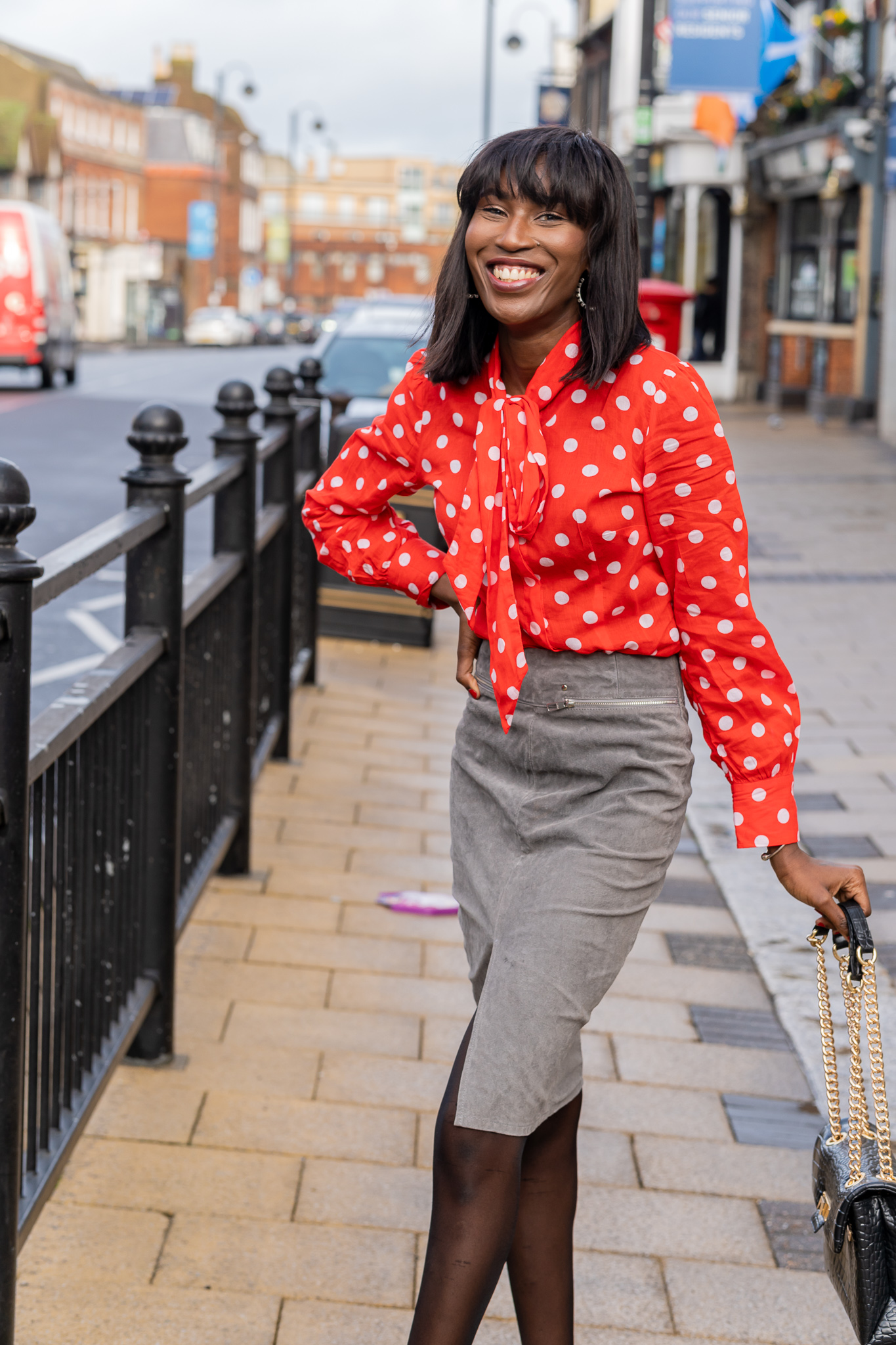 What to wear to work Red Polkadot and Grey