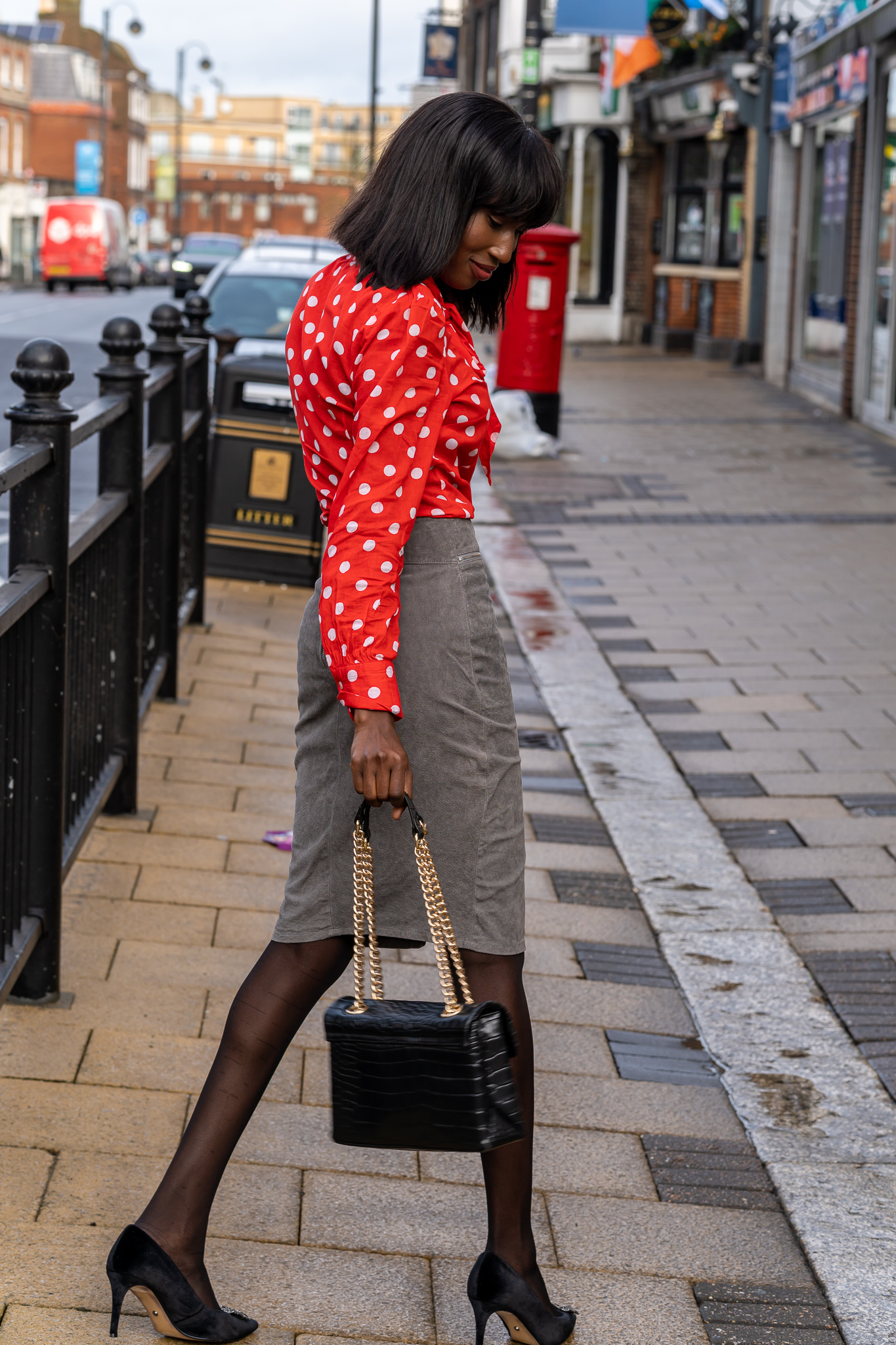 What to wear to work: Red Polkadot and Grey