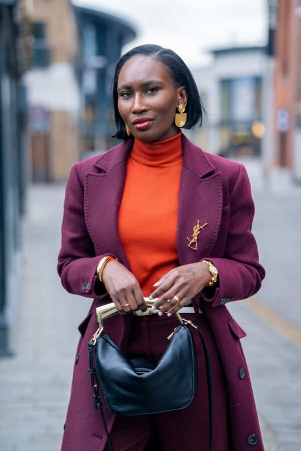 ways to wear burgundy trousers to the office