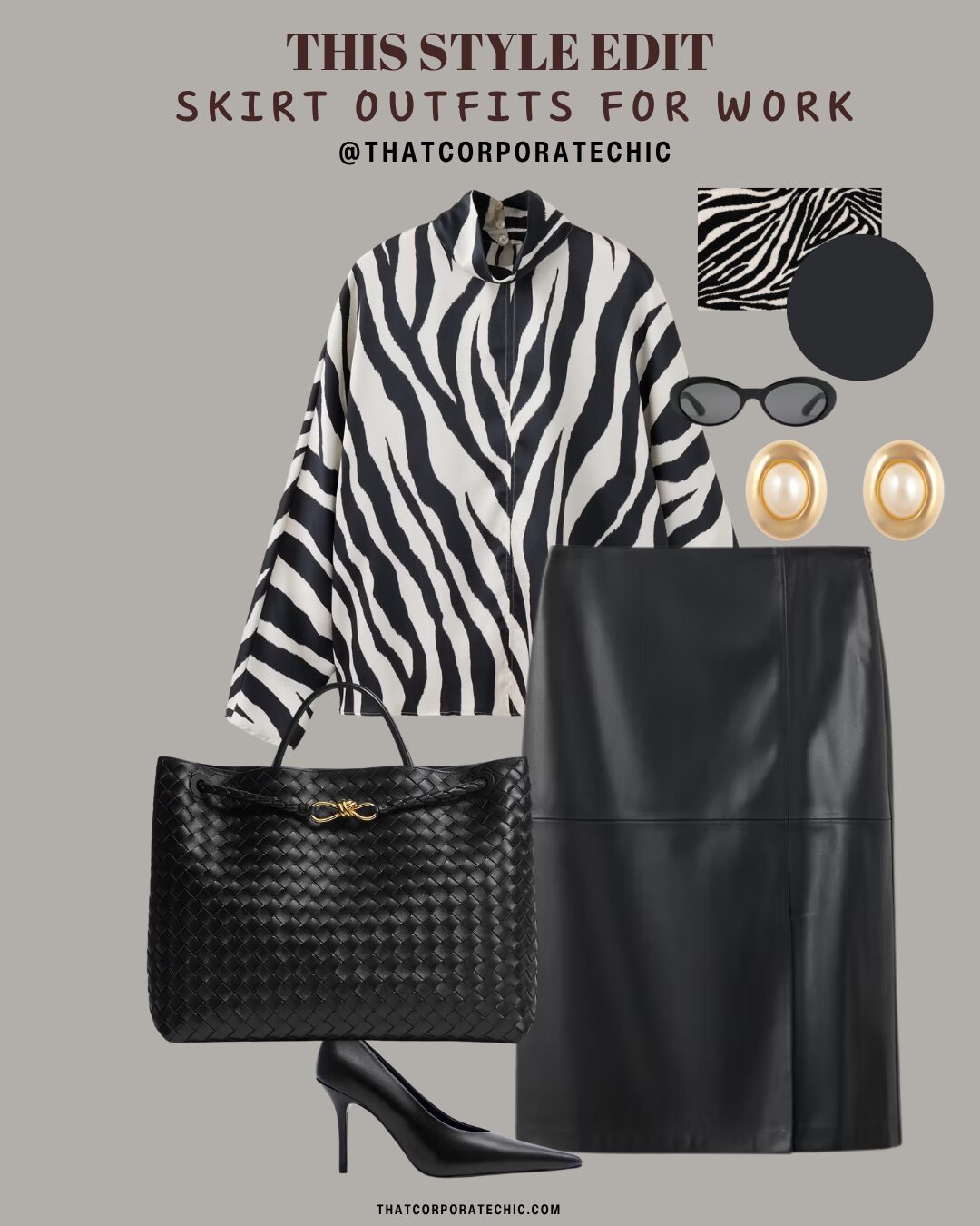 Chic skirt outfit for work featuring a stylish top, midi skirt, shoes and accessories styled by thatcorporatechic.