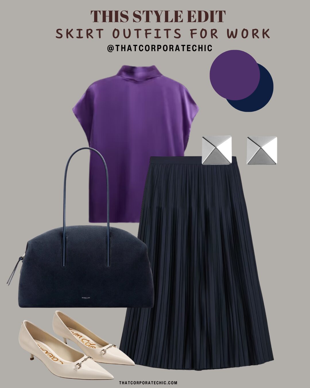 Skirt outfit for work with a midi skirt, stylish top and office accessories by thatcorporatechic.
