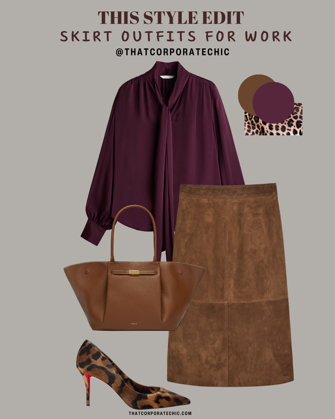 Chic workwear skirt outfit idea styled with a top, shoes and accessories by thatcorporatechic.