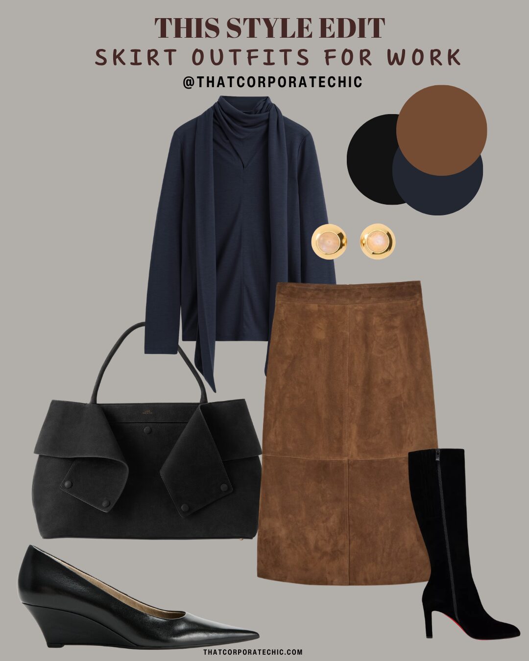Stylish midi skirt outfit for the office with coordinating shoes, bag and accessories