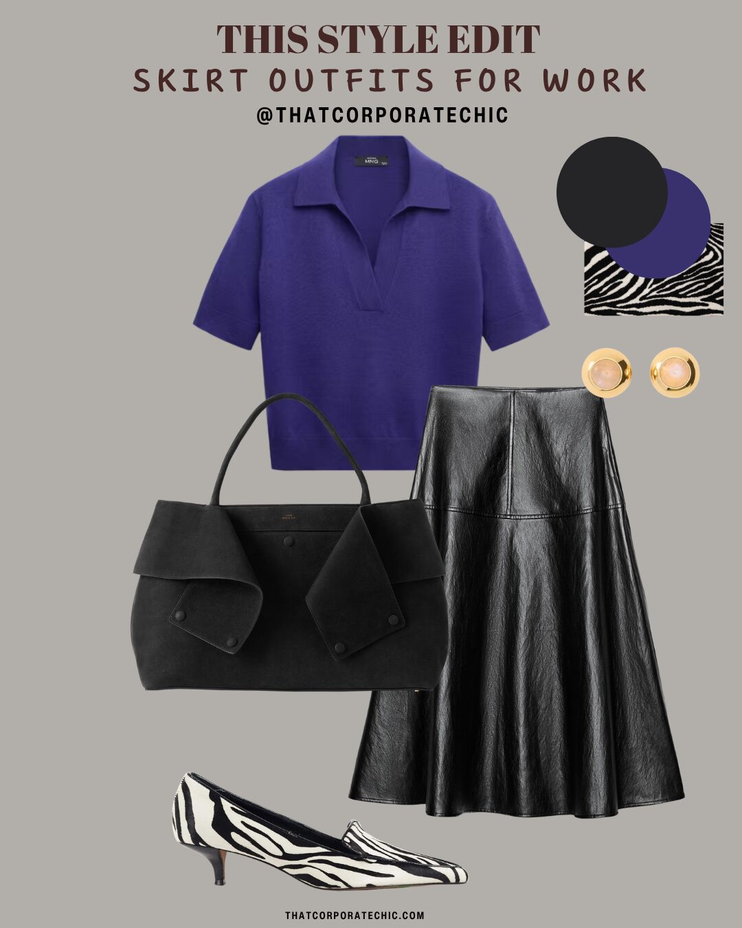 Skirt outfit for work with a midi skirt, stylish top and office accessories by thatcorporatechic.