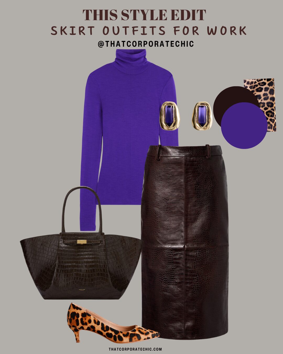 Skirt outfit for work with a midi skirt, stylish top and office accessories by thatcorporatechic