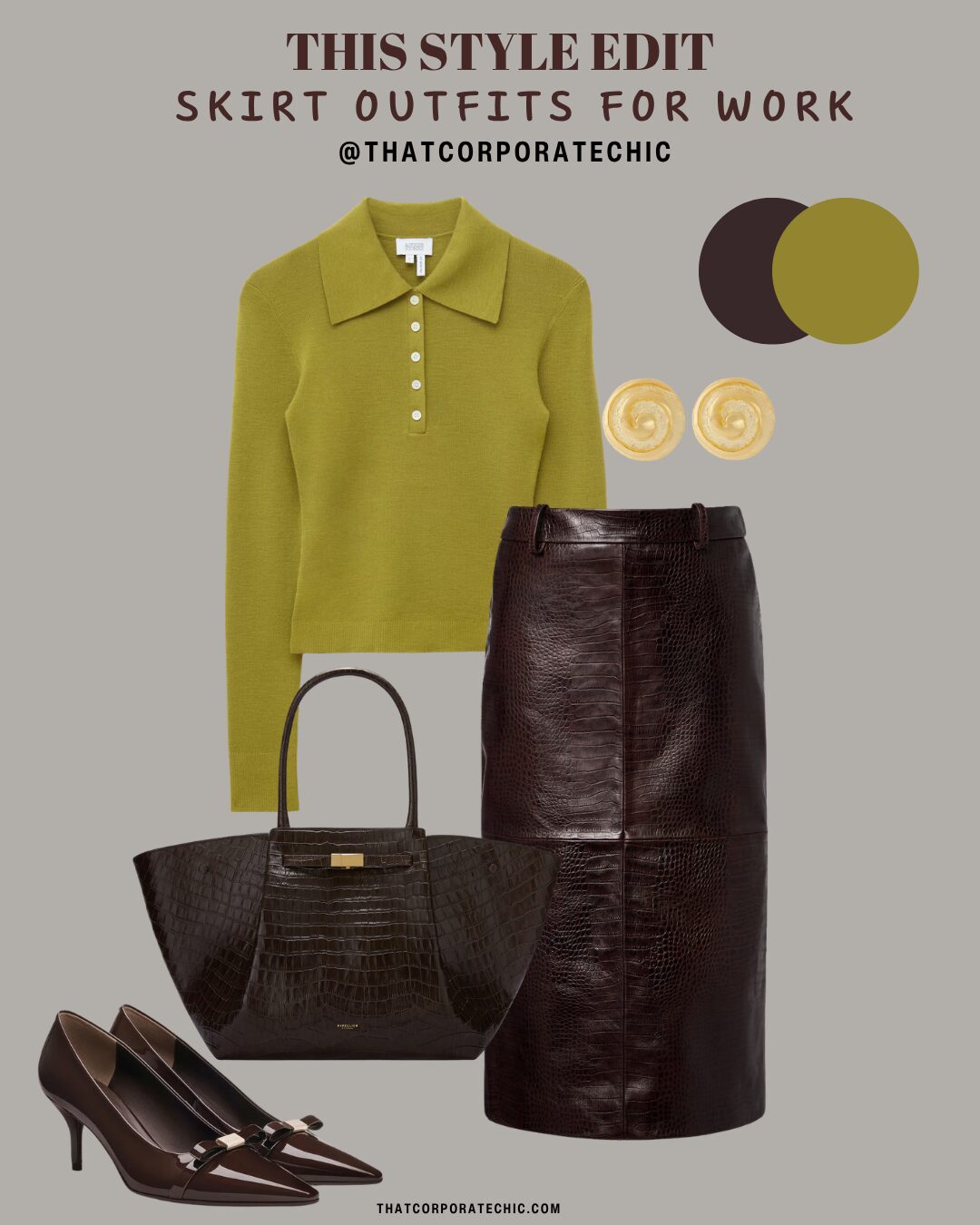 Stylish midi skirt outfit for the office with coordinating shoes, bag and accessories.