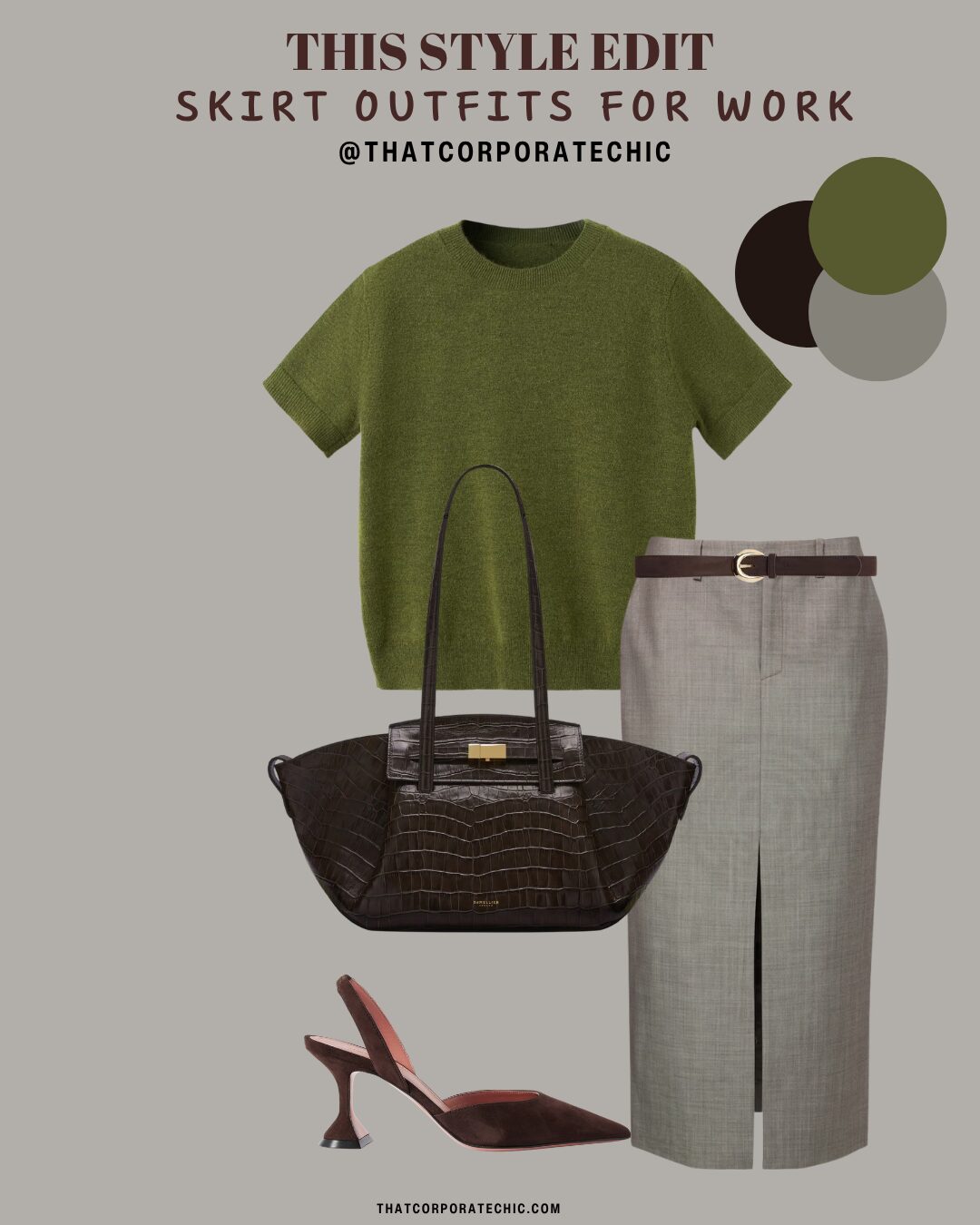 Chic skirt outfit for work featuring a stylish top, midi skirt, shoes and accessories styled by thatcorporatechic.
