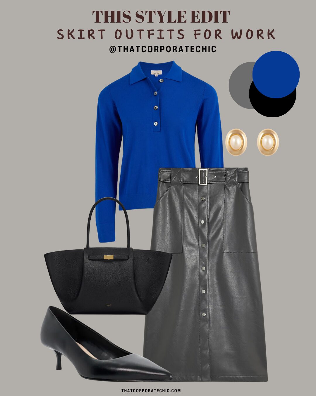 Stylish midi skirt outfit for the office with coordinating shoes, bag and accessories