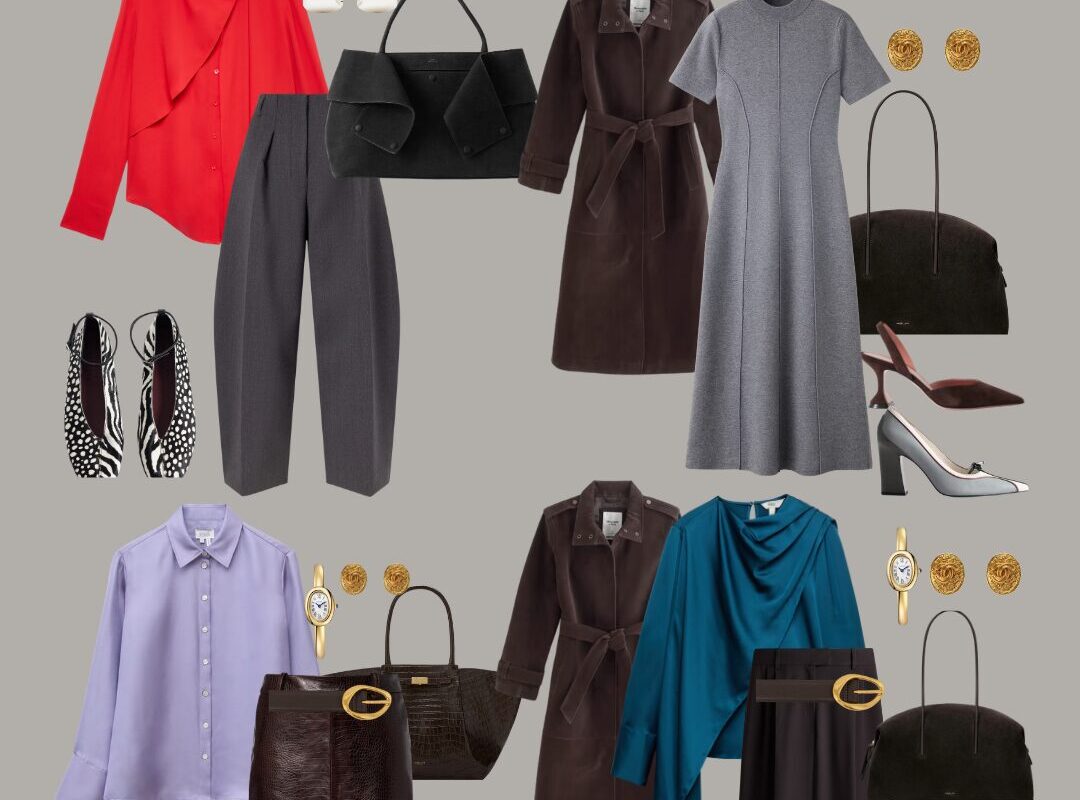 Seven autumn office outfit ideas for women featuring tailored dresses, skirts, trousers, polished layers, statement shoes and autumn workwear colour combinations.
