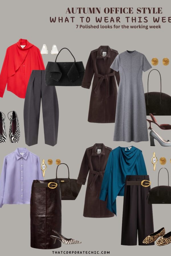 Seven autumn office outfit ideas for women featuring tailored dresses, skirts, trousers, polished layers, statement shoes and autumn workwear colour combinations.