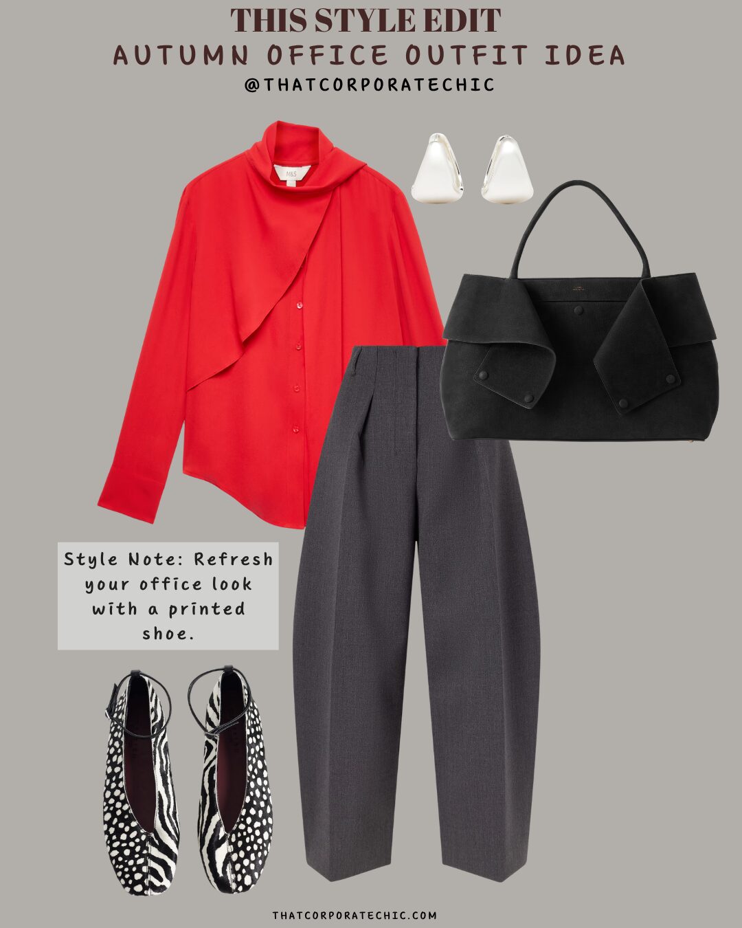 Red blouse with grey tailored trousers and printed flats styled as a polished autumn office outfit.