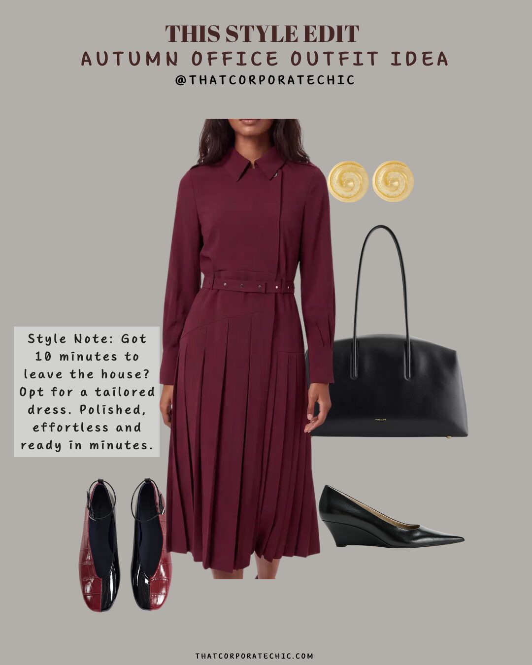 Burgundy tailored dress styled with black accessories and flats for an effortless autumn work outfit.