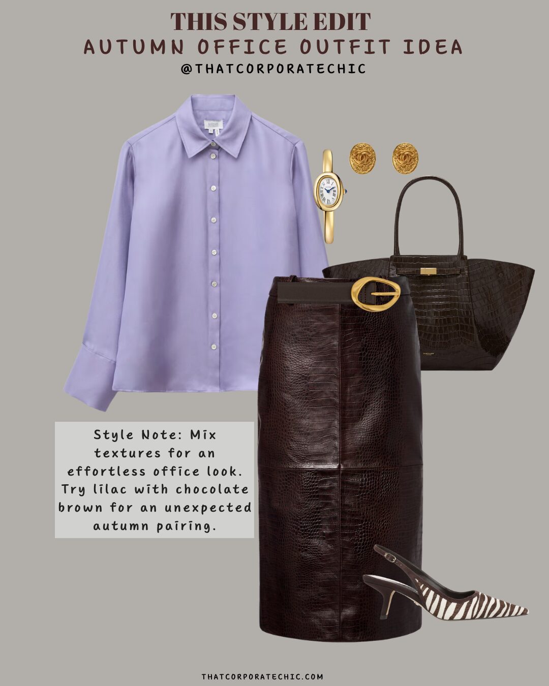 Lilac blouse with a chocolate brown midi skirt and printed shoes for a colourful autumn office look.
