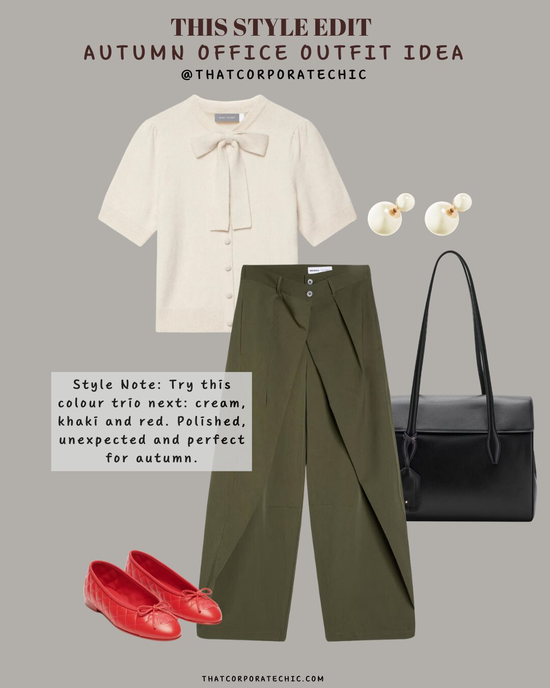 Cream top with khaki trousers and red flats styled as a polished autumn workwear outfit.