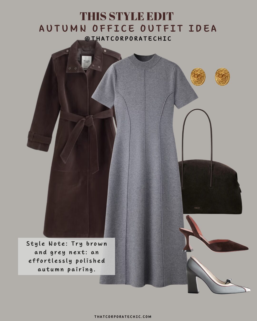 Grey tailored midi dress with brown outerwear and accessories for an elegant autumn office outfit.