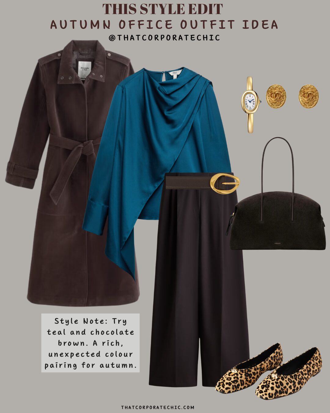 Teal blouse with chocolate brown trousers, brown trench coat and leopard flats for autumn workwear.