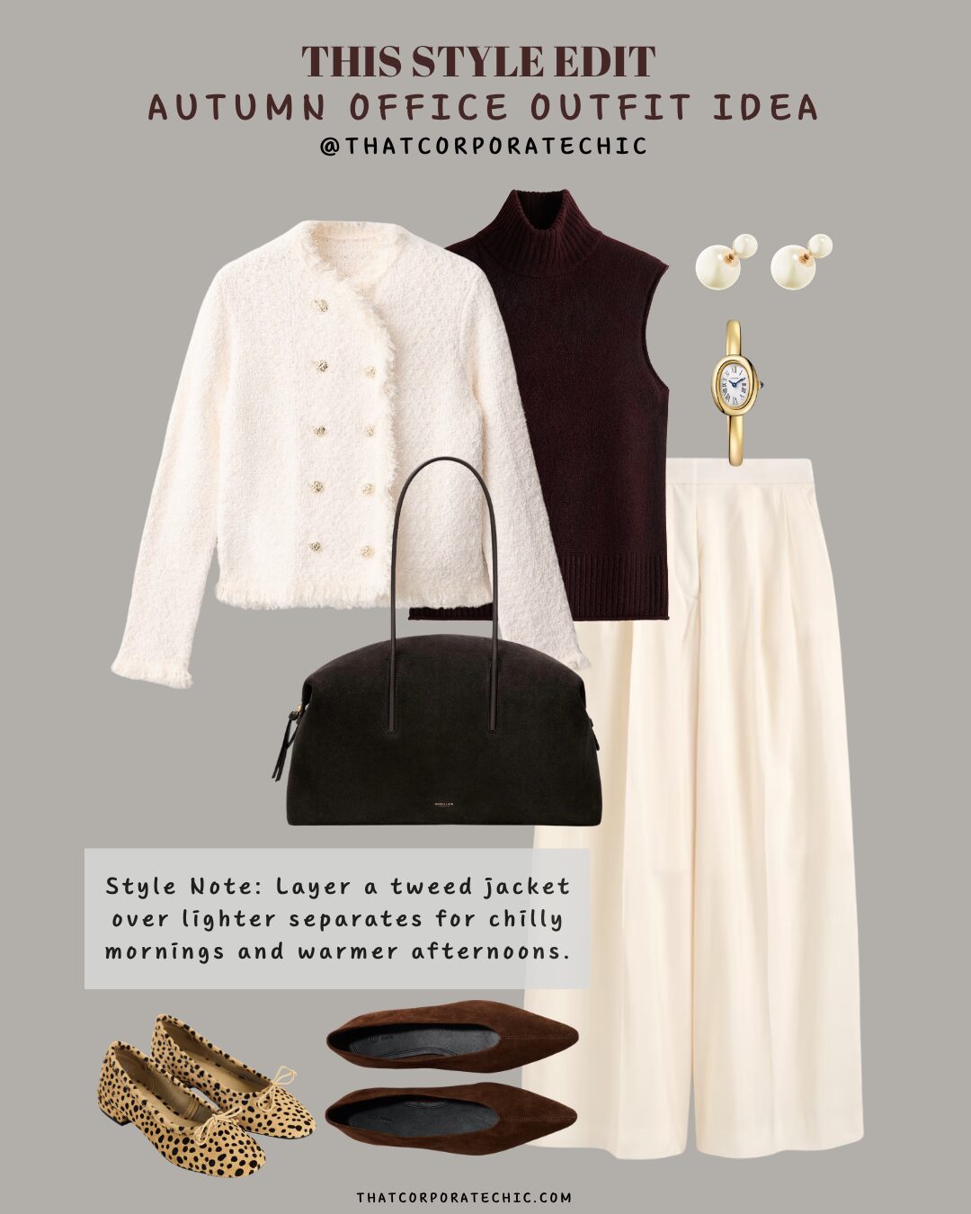 Cream tweed jacket with chocolate brown knit and cream trousers for a polished layered autumn office look.